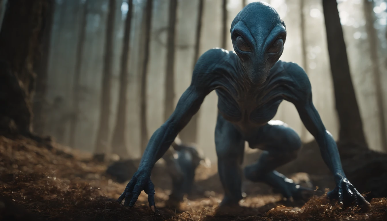 Ethereal alien creature with bluish-gray skin,中景 the scene is,Corpo inteiro como,VFX surreal de 16K altamente detalhado,OC rendering,Disparo 70mm - AR 16:9 --q 2 --s 1000. cinnamatographic lighting, em campo, 50 metros da pousada espacial, Aceso com pequenas luzes, explorer of another supernatural species, Noble expression, inteligente, Curioso. Creature has no sex, is an asexual hermaphrodite. high level of detail, Wear a suit attached to camouflage skin
