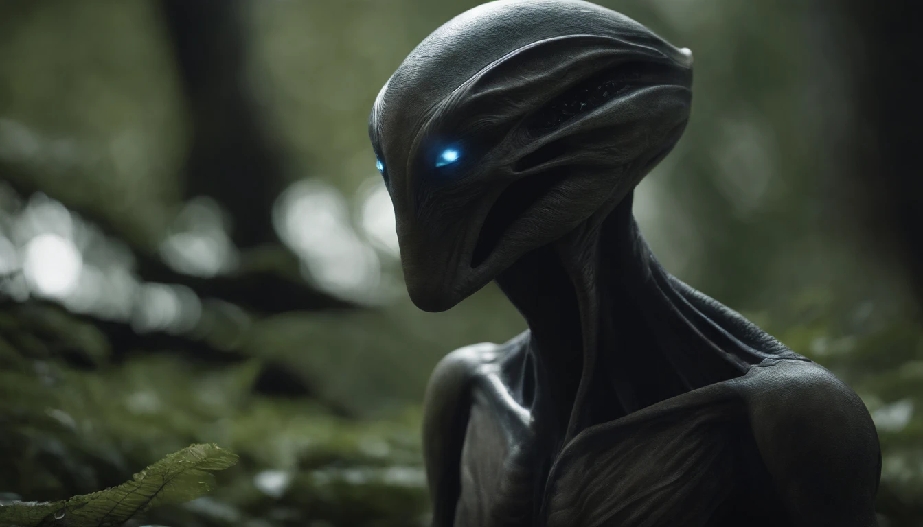 Ethereal alien creature with bluish-gray skin，中景 the scene is，Corpo inteiro como，VFX surreal de 16K altamente detalhado，OC rendering，Disparo 70mm - AR 16:9 --q 2 --s 1000. cinnamatographic lighting, em campo, 50 metros da pousada espacial, Aceso com pequenas luzes, explorer of another supernatural species, Noble expression, inteligente, Curioso. Creature has no sex, is an asexual hermaphrodite. high level of detail, Wear a suit attached to camouflage skin