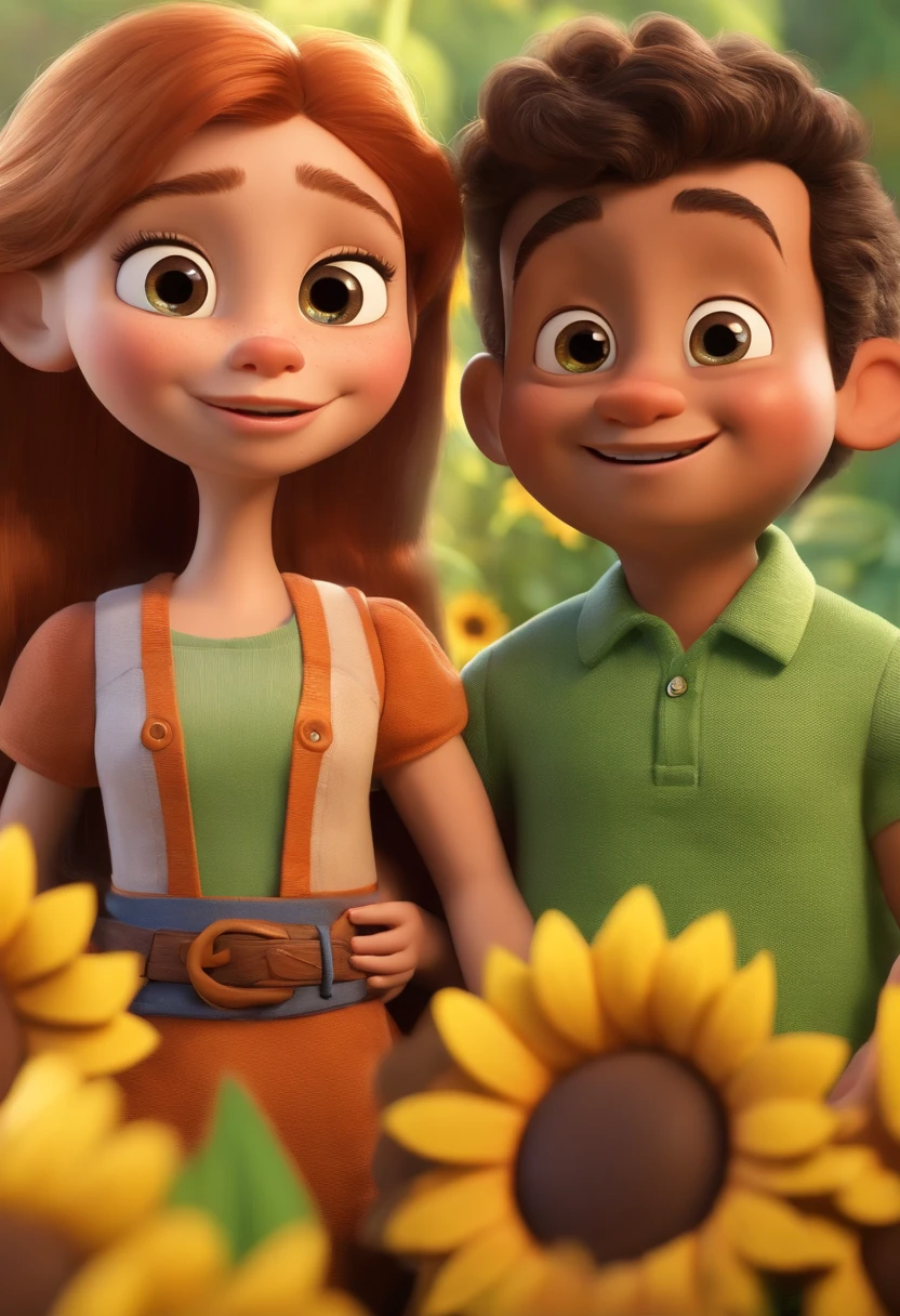 Create a Disney PIXAR-style 3D poster. ((centro da imagem, Triplets)), ((3 children)) ((1 menino no meio e 2 meninas ao lado, They're hugging each other, O menino tem pele castanha e cabelos castanhos escuros e olhos castanhos escuros, 1 menina tem pele clara, olhos e cabelos escuros e cacheados, e a outra menina tem pele morena, olhos escuros e cabelos escuros e lisos)) ((tudo isso no estilo Disney PIXAR 3D, In the background, A house of sunflowers, Gloria Studio, The garden is full of nature 3D render RTX clay material, estilo de design cartunesco, POP Mart, soft lighting, linhas suaves, Spring tilt, Detailed illustrations of PIXAR 3D, Detalhes hiper-realistas, cor quente no estilo Disney PIXAR 3D))