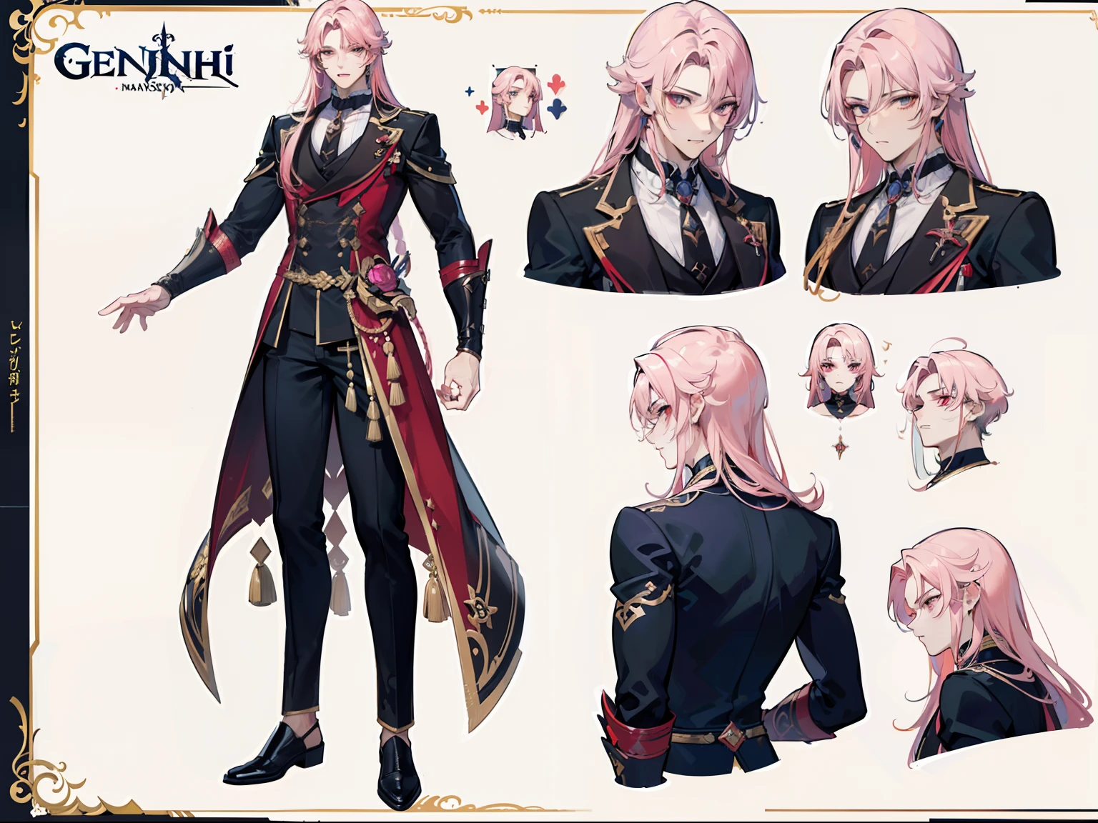 ((Masterpiece, Highest quality)), Male, boy, Detailed face, character design sheet, full bodyesbian, Full of details, frontal body view, back body view, Highly detailed, Depth, Many parts, Muscle boy with pink long hair,handsome man, vampire outfit clothes, Genshin Impact, man tall