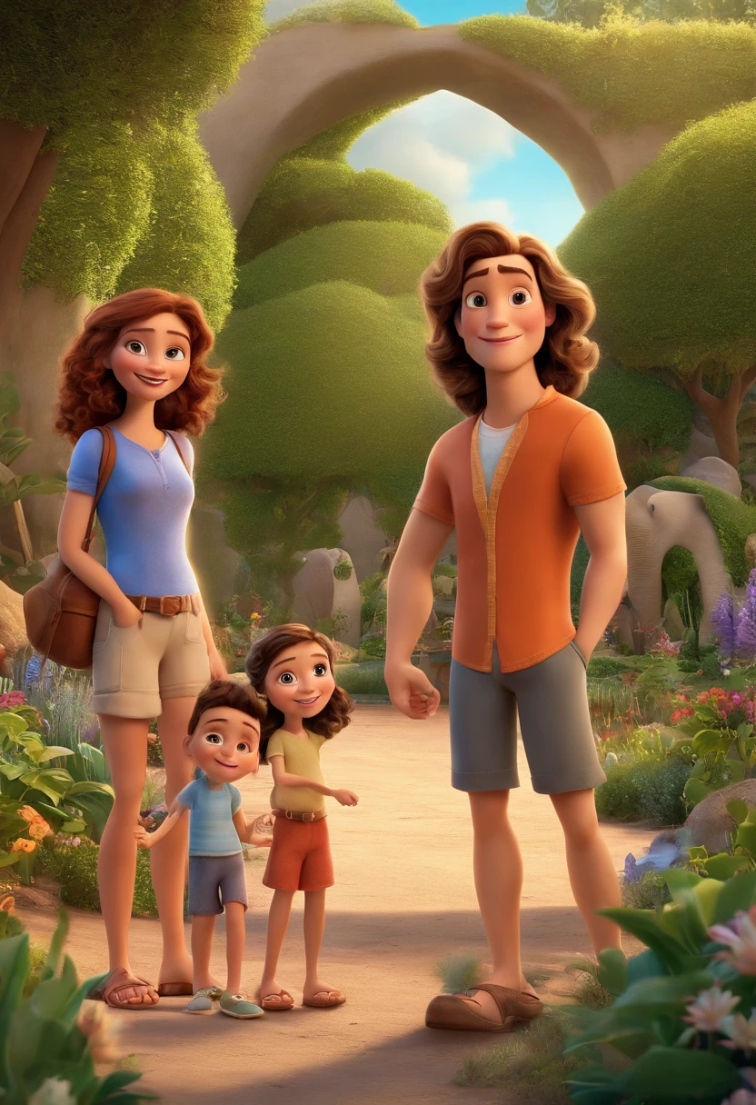 a poster from the Disney Pixar movie showing a family with 3 white-skinned people. The father is the tallest, cabelos curtos e castanho. The mother has brown eyes and hair, shoulder-length and is slightly overweight. A tem 2 meses. The background is a beach garden. 3D-rendering
