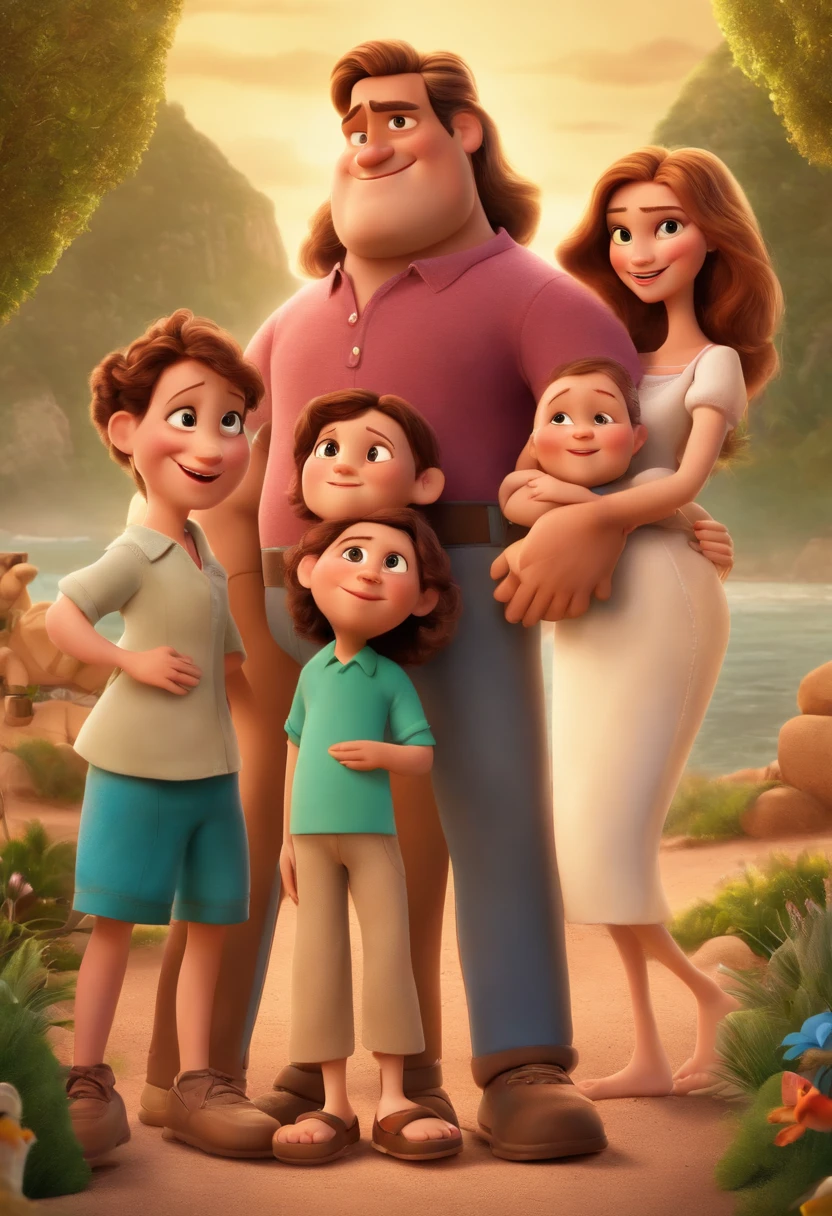 a poster from the Disney Pixar movie showing a family with 3 white-skinned people. The father is the tallest, cabelos curtos e castanho. The mother has brown eyes and hair, shoulder-length and is slightly overweight. A tem 2 meses. The background is a beach garden. 3D-rendering