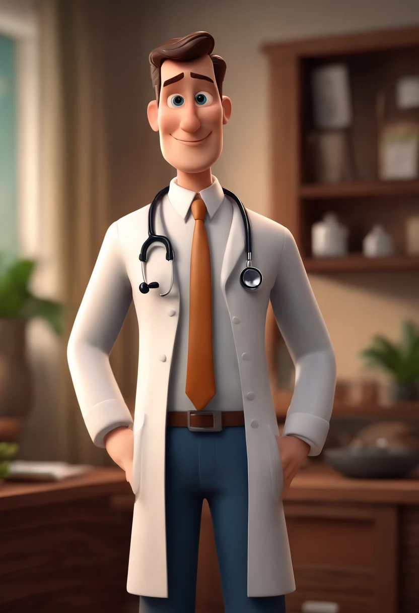 Cartoon character of a man wearing a doctor's lab coat, sorrindo, olhos pequenos e castanhos, cabelo curtinho quase raspado e grisalho, um personagem animado, Caractere estilizado, animation style rendering, 3D estilizado, Arnold Maya render, 3 d render stylized, toon render keyshot, Personagem 3D, Personagem 3D, 3d rendering stylized, 3 d character render, personagem de desenho animado, Personagem de close up, Pose de personagem, (Estilo Pixar) (master part:1.2) (Bokeh) (melhor qualidade) (pele detalhada) (textura detalhada) (8k) (argila) (Cinematic lighting) (foco nítido，Senta e vaza a parte superior do corpo