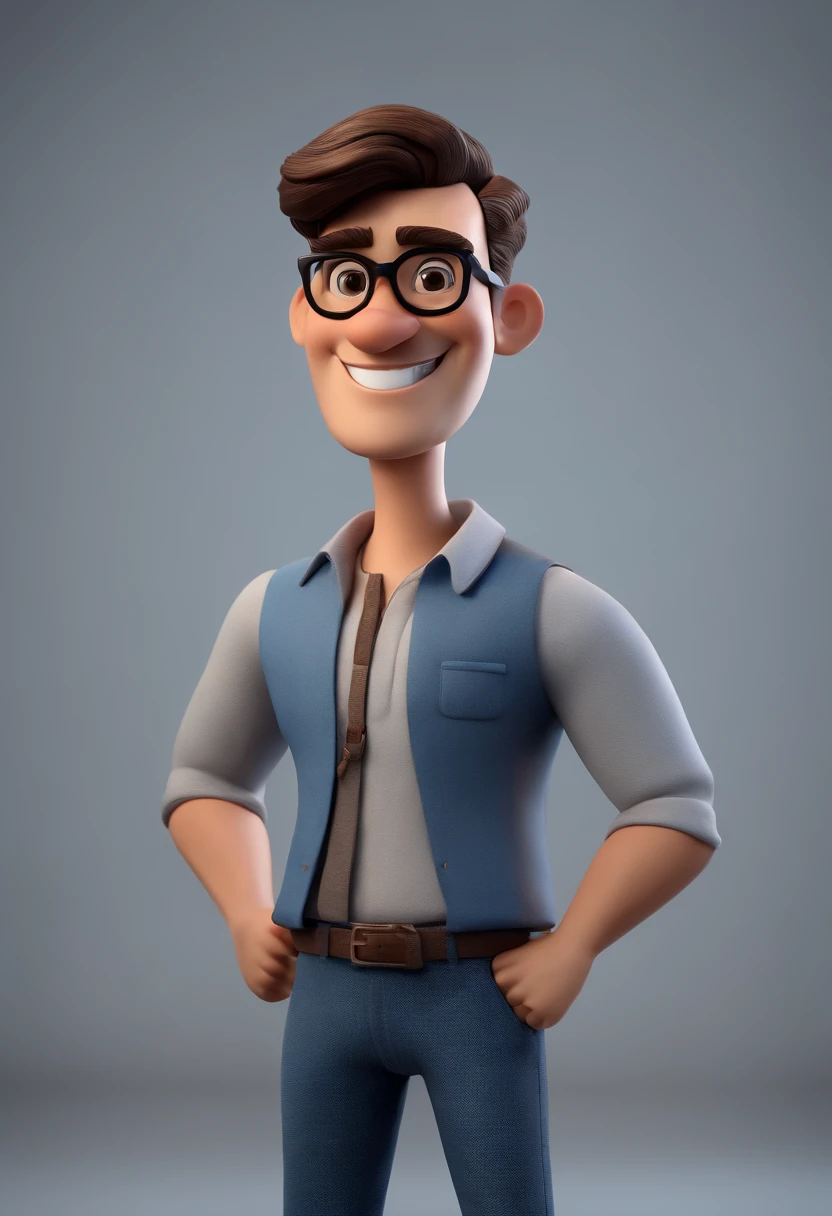 Cartoon character of a man with black glasses, cabelo cacheado marrom escuro e uma camisa azul, animation character, Caractere estilizado, animation style rendering, 3D estilizado, Arnold Maya render, 3 d render stylized, toon render keyshot, Personagem 3D, Personagem 3D, 3d rendering stylized, 3 d character render, personagem de desenho animado, Personagem de close up, Pose de personagem, (Estilo Pixar) (master part:1.2) (Bokeh) (best quality) (pele detalhada) (textura detalhada) (8k) (argila) (Cinematic lighting) (foco nítido