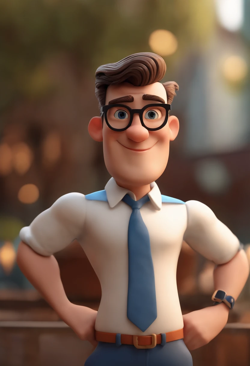 Cartoon character of a man with black glasses, cabelo cacheado marrom escuro e uma camisa azul, animation character, Caractere estilizado, animation style rendering, 3D estilizado, Arnold Maya render, 3 d render stylized, toon render keyshot, Personagem 3D, Personagem 3D, 3d rendering stylized, 3 d character render, personagem de desenho animado, Personagem de close up, Pose de personagem,  (Estilo Pixar) (master part:1.2) (Bokeh) (best quality) (pele detalhada) (textura detalhada) (8k) (argila) (Cinematic lighting) (foco nítido
