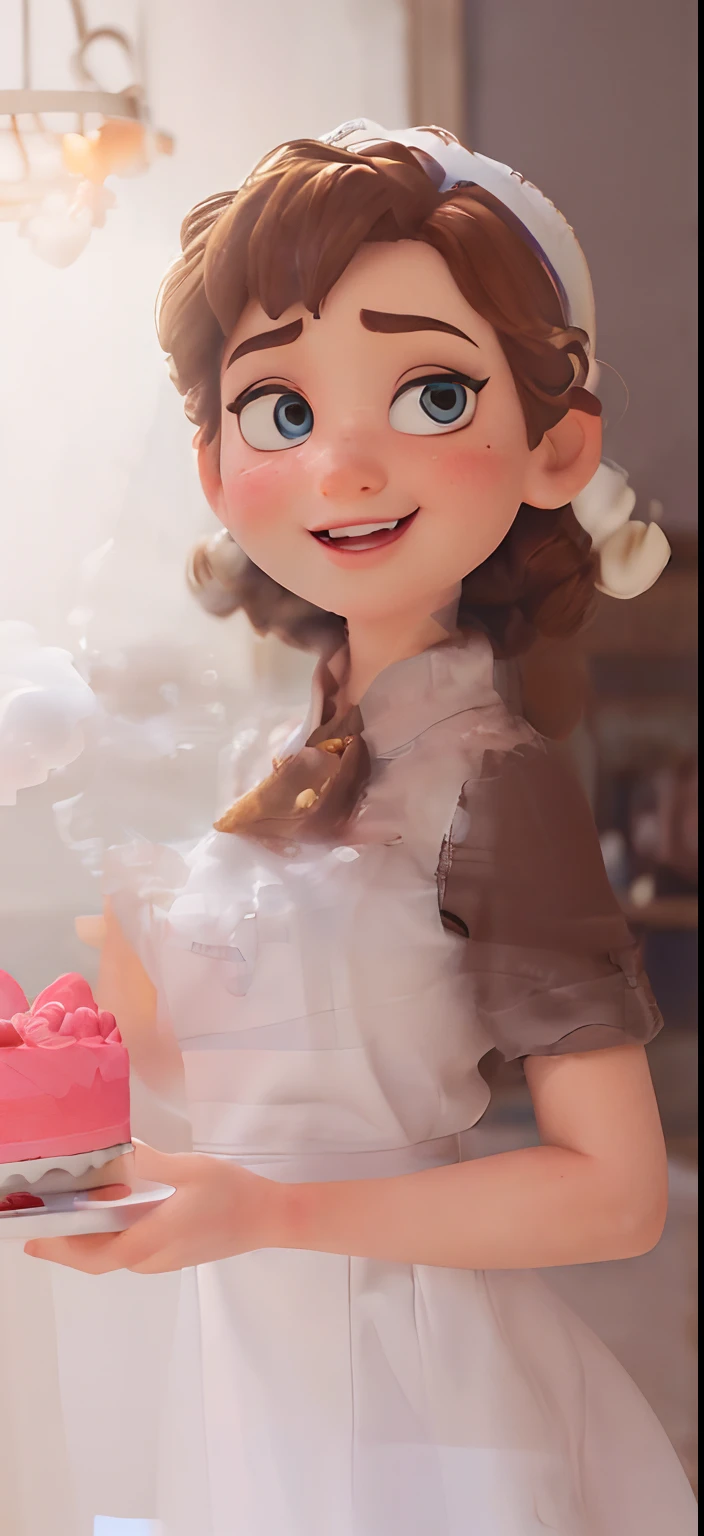 (Pixar-style poster of a cute girl seen from the front in a white chef's uniform, Smiling and showing a decorated medium cake. playful face, (com cabelos castanhos cacheados, pele jovem e delicada, queixo pequeno, queixo curto. expression of laughter, exaggerated expression , （Perfect Correct Hand） ，（Smoke gas: 1.37） Cinematic background of the interior of a confectionery shop, Fotos de alta qualidade, 3D Studio Photos, (lots of smoke: 1.2), fotografia em close-up, Traces clear facial features, arte conceitual do personagem, exagero,