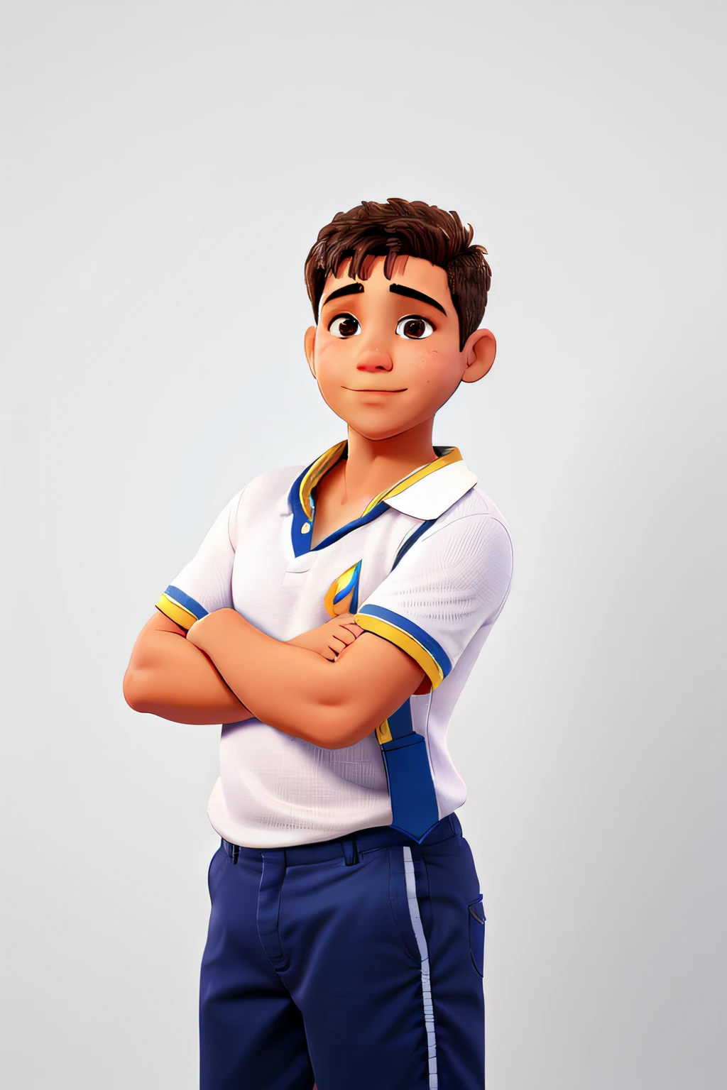 um menino com a a farda branca da escola com detalhes Azul marinho e amarelo