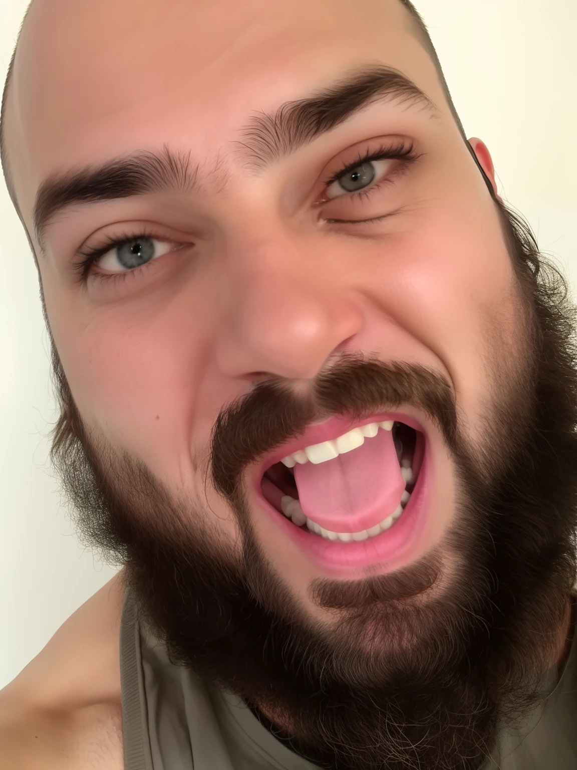 Man with beard and beard is making face, screaming at the camera, foto de perfil headshot, sneering at the camera, cara de louco, imagem de perfil, rosto suado, dentes redondos e rosto pateta, selfie ruim, angry looking at camera, foto do perfil, neckbeard, Fotografia selfie 8k, messy beard, 3 2 anos