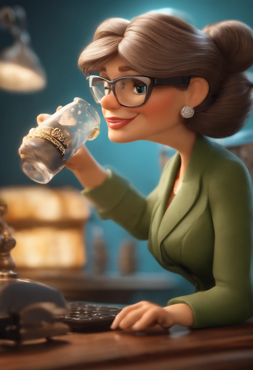 poster 3d inspirado da Disney/Pixar de uma mulher de 63 anos, usa oculos de metal, cabelos escovados para fora, castanhos, ate a altura dos ombros. She is a businesswoman, trabalha no computador e vende Chopp Artesanal BOREAL. Na imagem deve aparecer uma caneca de chopp estupidamente gelado co  a logomarca BOREAL e um banner com os dizeres: AQUI TEM CHOPP BOREAL