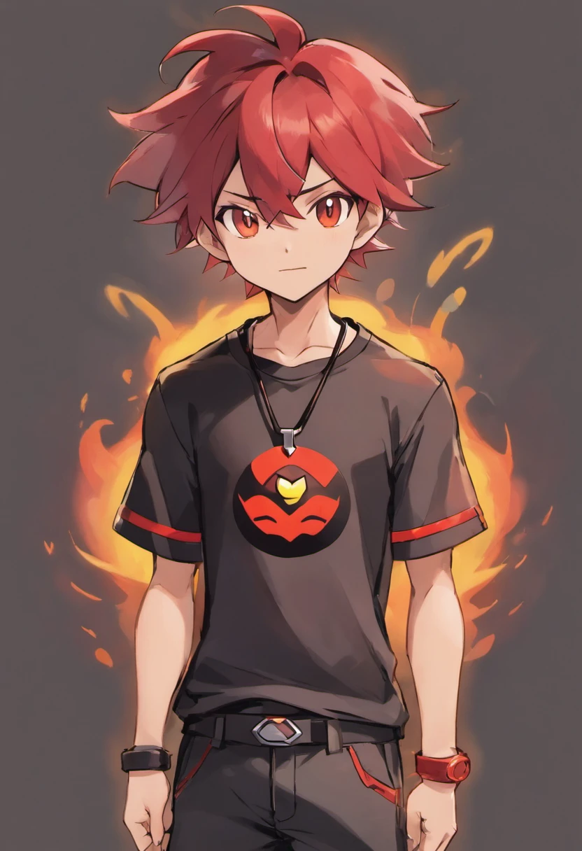 pokemon trainer, em destaque 1 homem, pele escura, cabelo espetado curto, red pendant cord, camisa curta preta, ao lado o pokemon Haxorus