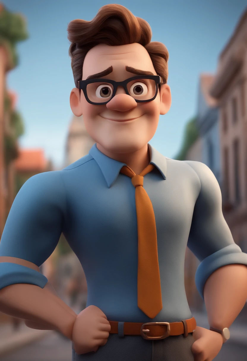 Cartoon character of a man with black glasses and a blue shirt, animation character, Caractere estilizado, animation style rendering, 3D estilizado, Arnold Maya render, 3 d render stylized, toon render keyshot, Personagem 3D, Personagem 3D, 3d rendering stylized, 3 d character render, personagem de desenho animado, Personagem de close up, Pose de personagem,  (Estilo Pixar) (master part:1.2) (Bokeh) (best quality) (pele detalhada) (textura detalhada) (8k) (argila) (Cinematic lighting) (foco nítido