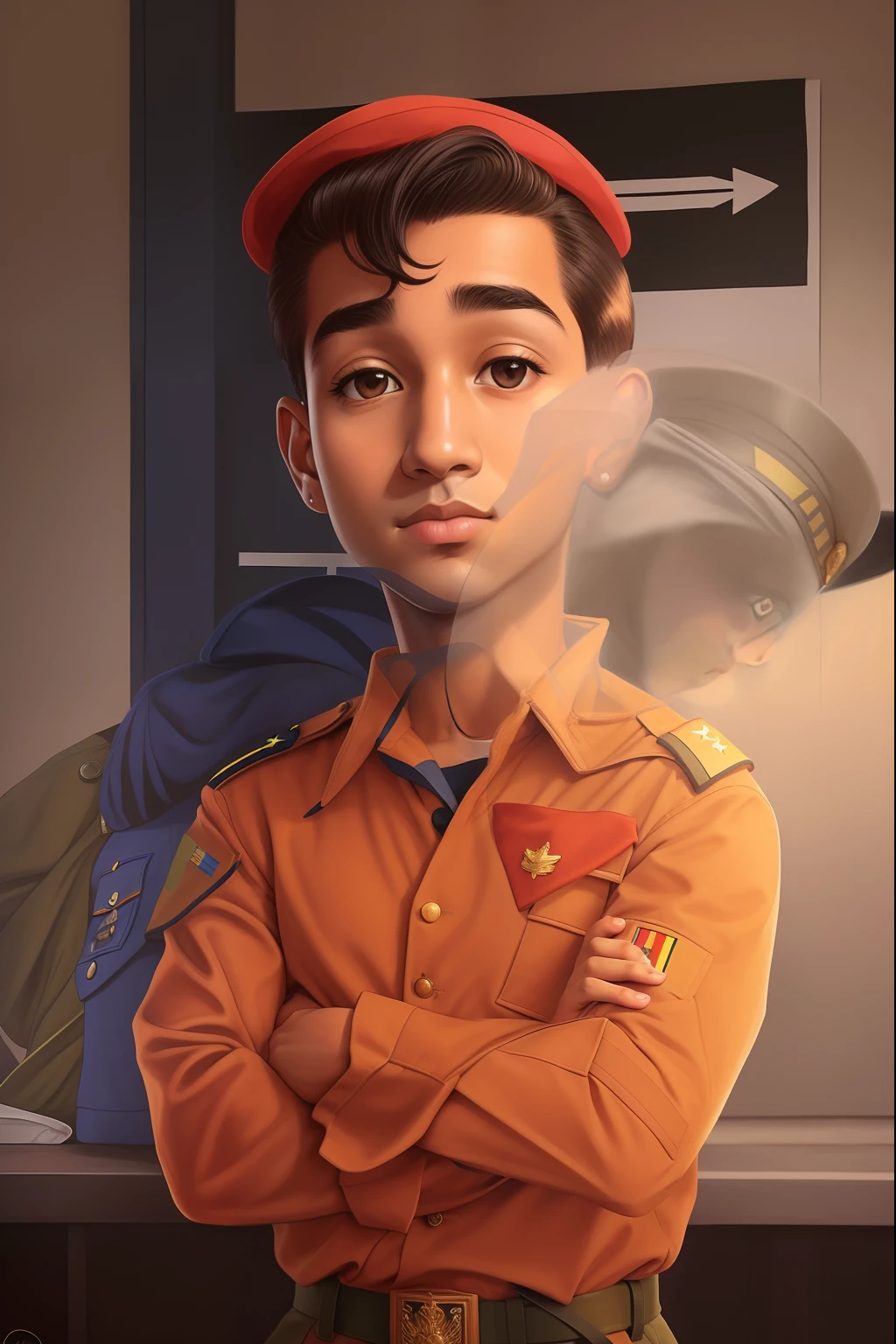there is a man in a uniform posing for a picture, david rios ferreira, inspired by Francis Souza, inspired by Antônio Parreiras, in a soldier uniform, in military uniform, icaro carvalho, wearing military outfit, caio santos, scout boy, frontal pose, soldier, edu souza, wearing a beret, frontal picture, in uniform