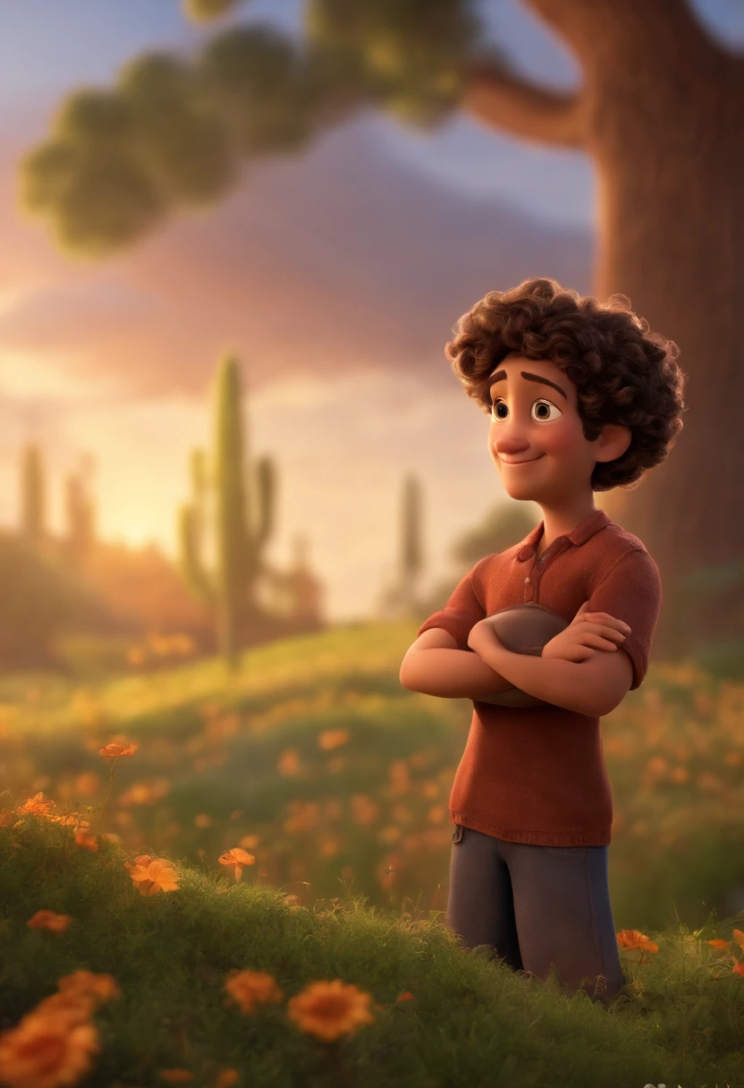 personagem dos desenhos animados de um jovem padre cabelo castanho, Pose de personagem,  (Estilo Pixar) (master part:1.2) (Bokeh) (best quality) (pele detalhada) (textura detalhada) (8k) (argila) (Cinematic lighting) (foco nítido) cabelo curto moreno
