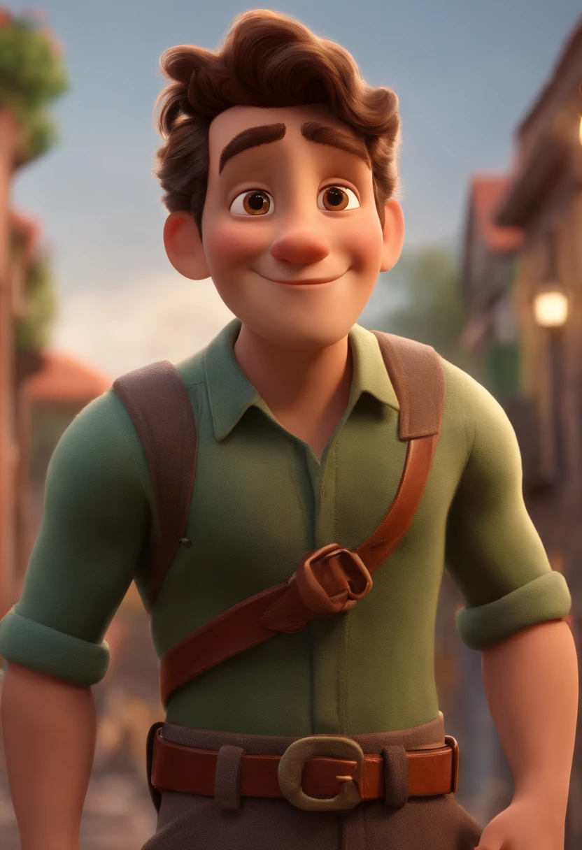 personagem dos desenhos animados de um jovem padre cabelo castanho, Pose de personagem, (Estilo Pixar) (master part:1.2) (Bokeh) (best quality) (pele detalhada) (textura detalhada) (8k) (argila) (Cinematic lighting) (foco nítido) cabelo curto moreno