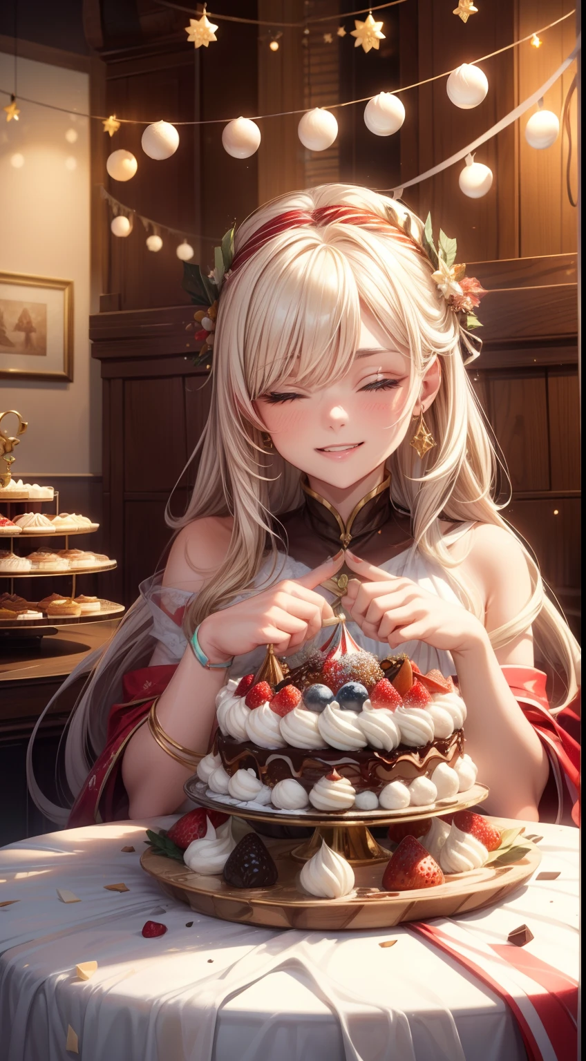 Photorealistic、Highest quality、Highest Resolution、Highest quality、８Ｋ、cute女性、Beautiful Face、One beautiful woman、Light Hair Color、cute、beautiful、The best smile、Cake shop、Looking at the cakes in the showcase、Shining eyes、Looks happy、