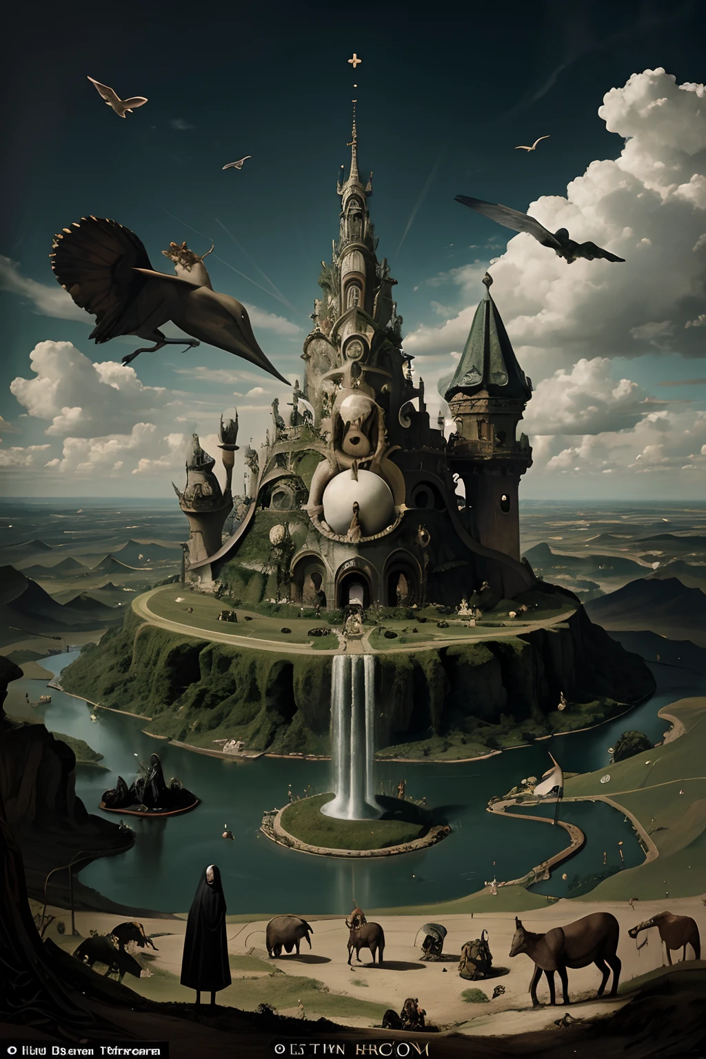 Paisagem surrealista, no estilo de Hieronymus Bosch, com criaturas meio humanas meio animais, with an emphasis on sin, inspired by the themes of heaven and hell