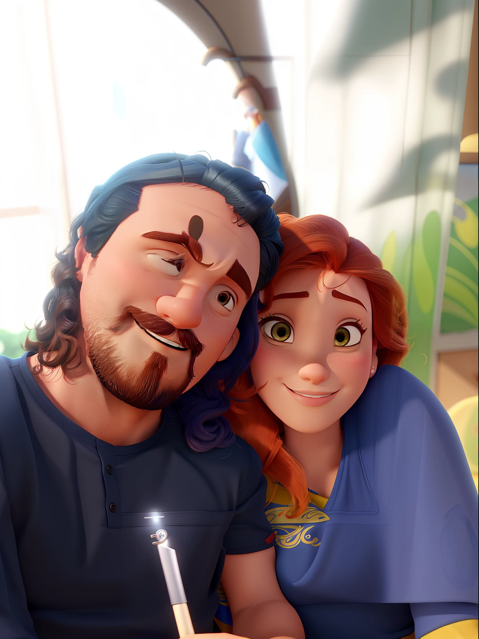 Casal estilo disney pixar melhor qualidade alta qualidade. Homem moreno cabelo curto barba e mulher ruiva olhos azuis cabelos longos lisos
