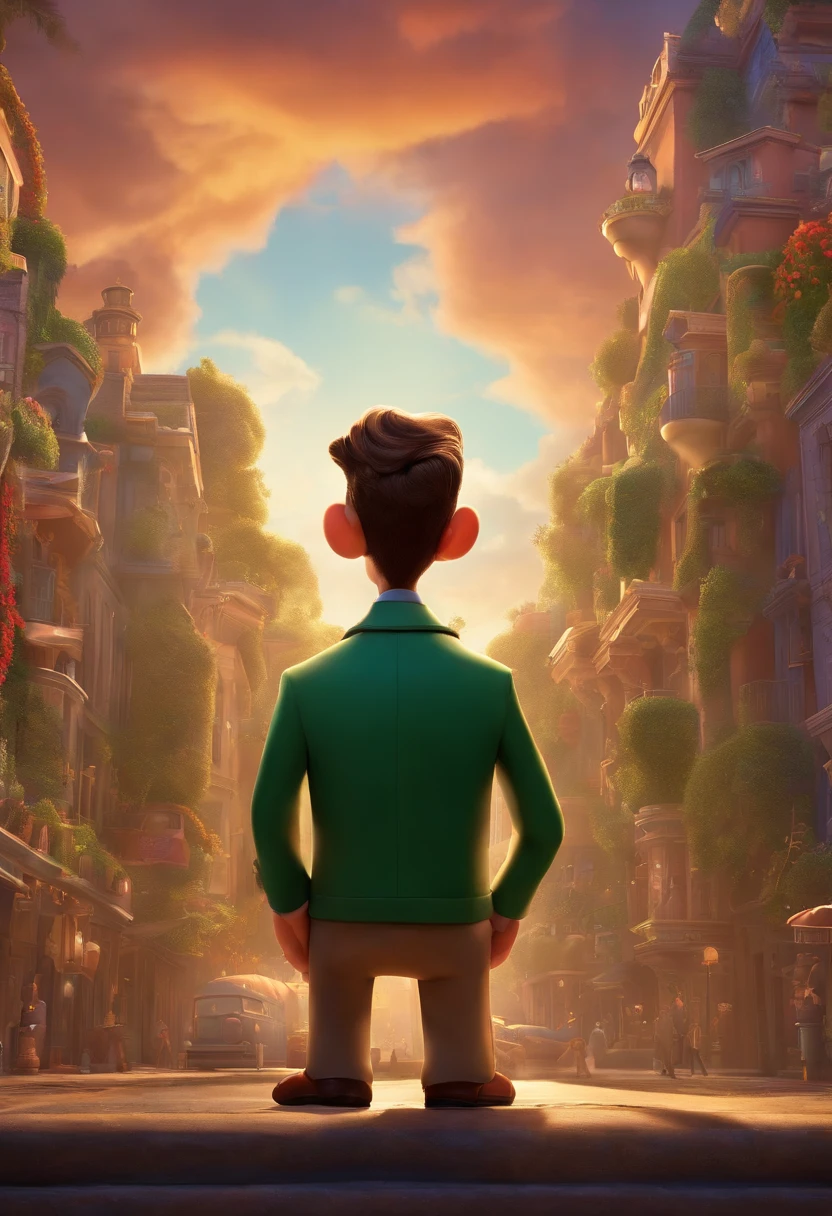 A city councilman looking at a dream project inspired by Pixar animation, de perto. The character takes center stage with captivating facial expressions, oferecendo um toque de irrealidade