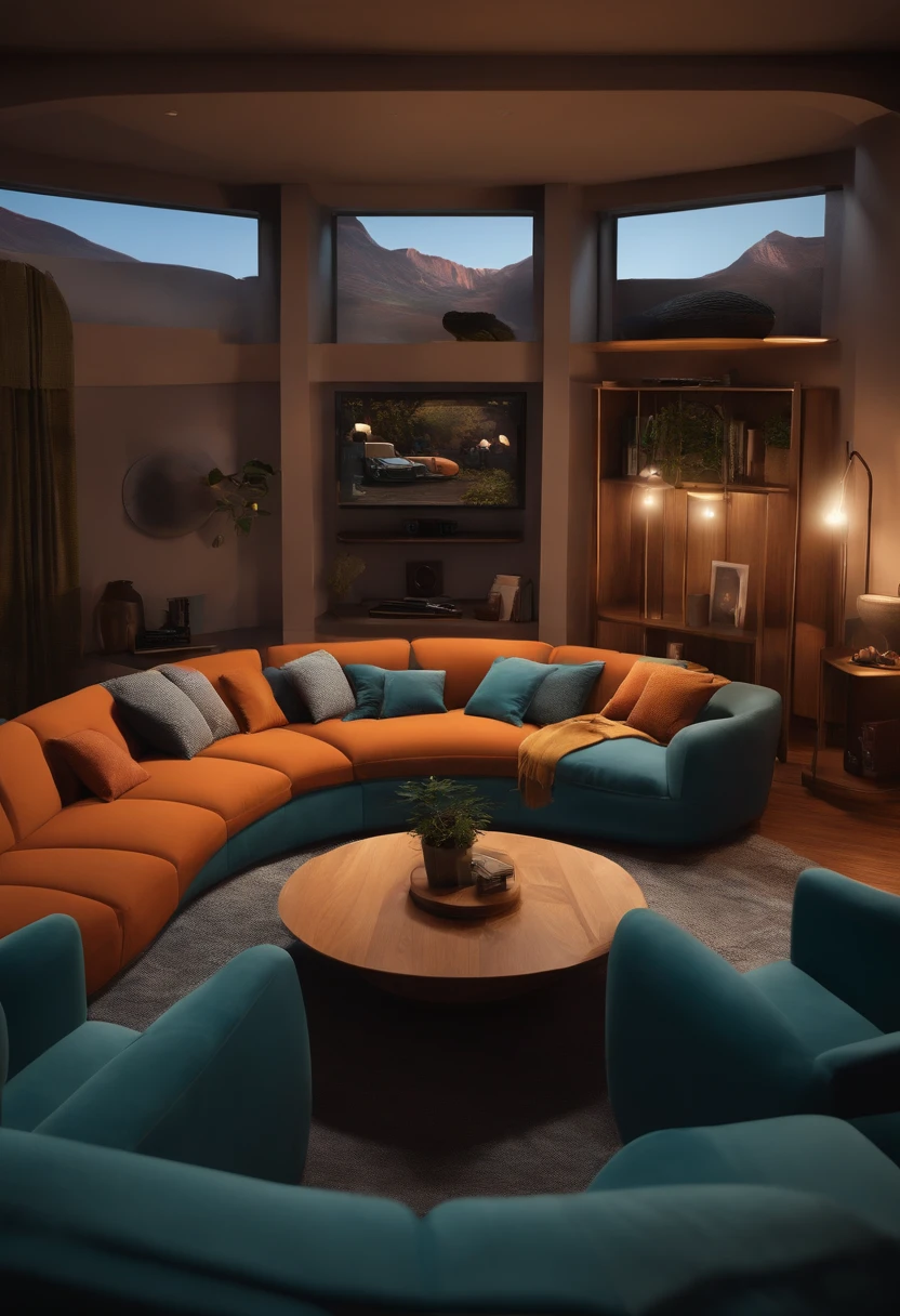 Desenho em estilo 3D da Pixar um poster de cinema para um filme que se passa em um escritorio inovador greentech com sofas redondos e janelas, utilizando as cores laranja, azul marinho e roxo, uma parede grande de cimento queimado cinza, mesa de madeira com macboocks titulo do filme "A Casa do Startupeiro"