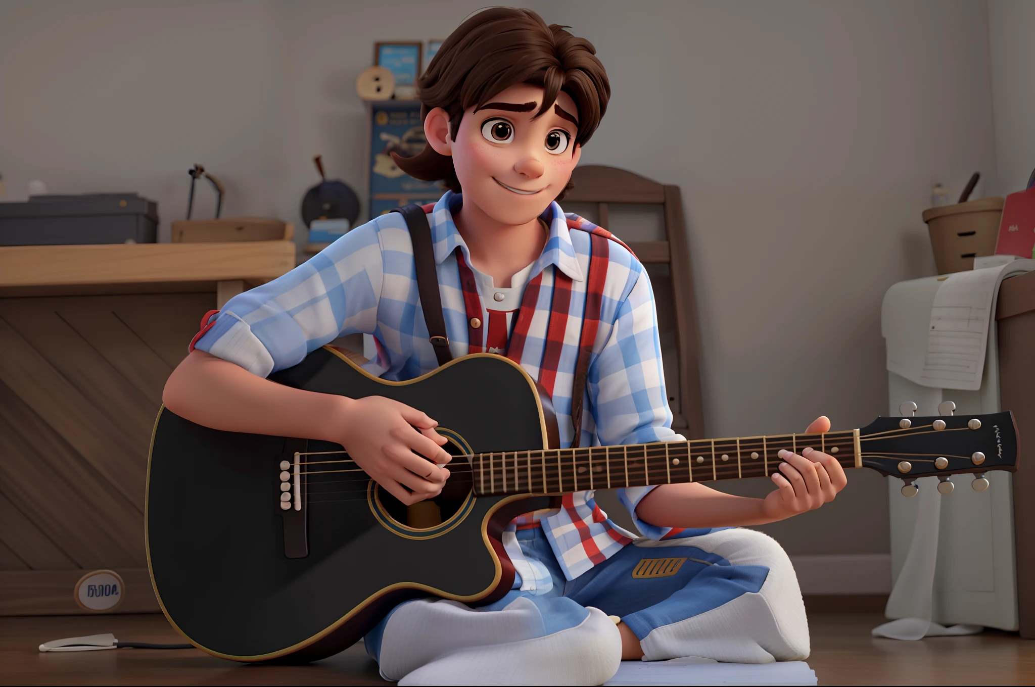 A brunette boy playing Disney Pixar style guitar, alta qualidade, melhor qualidade