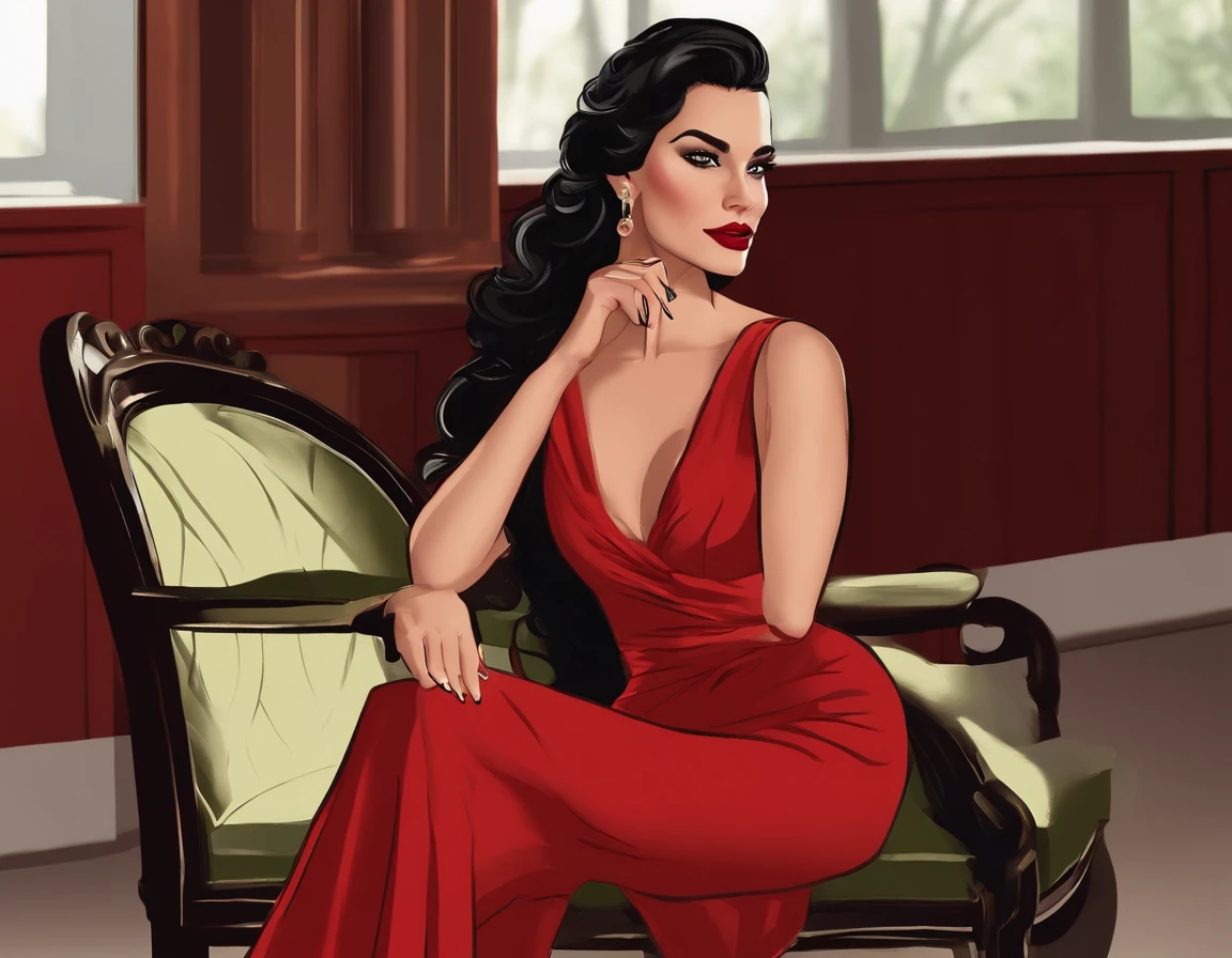 mulher loira de cabelo curto, olhos verdes, Black pants and red dress shirt. Unhas vermelhas, sapato bico fino preto. Sitting in a chair with her legs crossed and her hand on her chin. estilo desenho disney