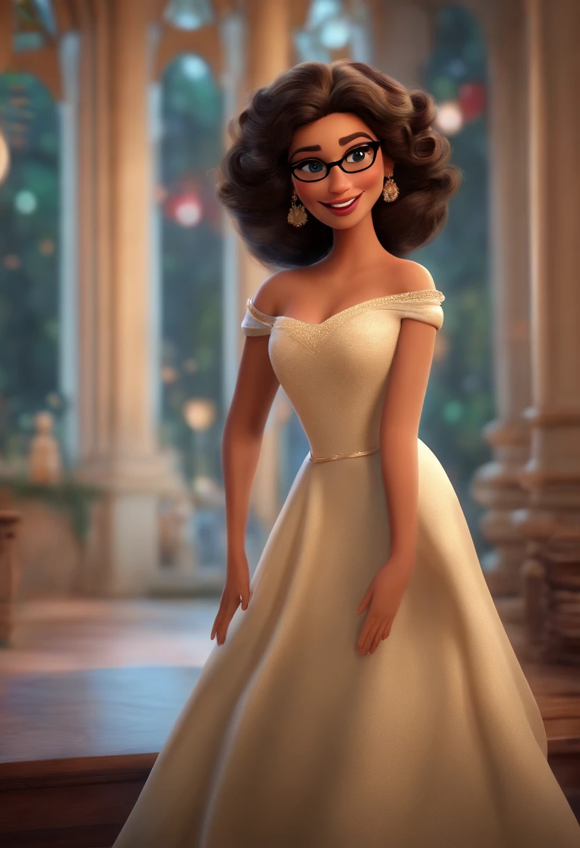 "(best quality,ultra-detalhado,Realistic:1.37),3D rendering,illustration,design de personagens,cabelos curtos e cacheados escuros,belos olhos detalhados,wearing white glasses,Estilo Pixar,morena mulher,Dancing on the Disney stage,atmosfera animada,vivid colors,luzes de palco,expression joyful"