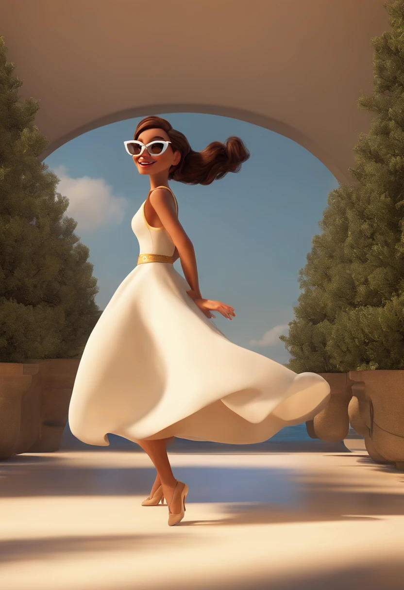 "(best quality,ultra-detalhado,Realistic:1.37),3D rendering,illustration,design de personagens,cabelos curtos e cacheados escuros,belos olhos detalhados,wearing white glasses,Estilo Pixar,morena mulher,Dancing on the Disney stage,atmosfera animada,vivid colors,luzes de palco,expression joyful"