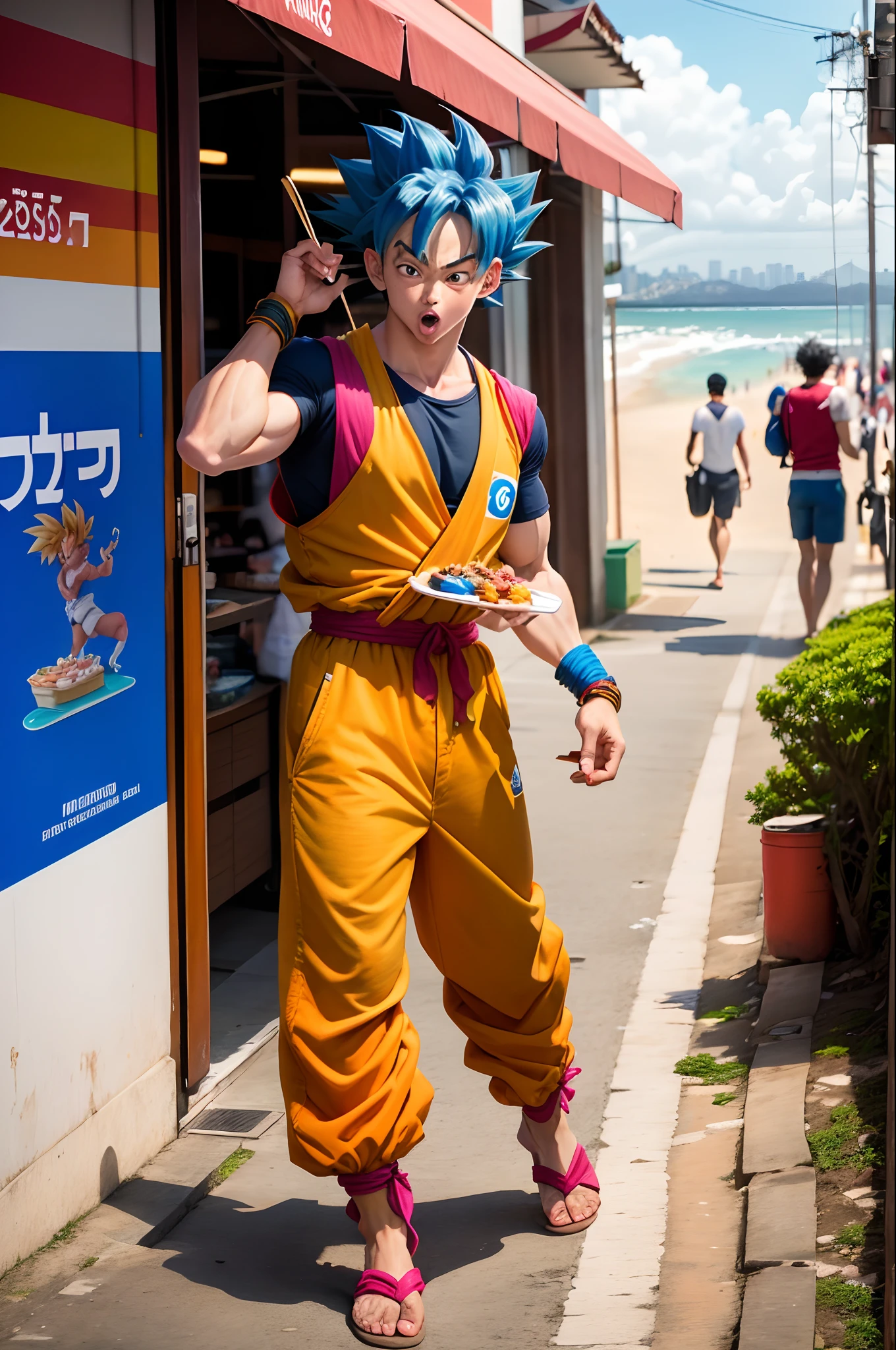Goku comendo pastel no rio de janeiro com roupa de praia
