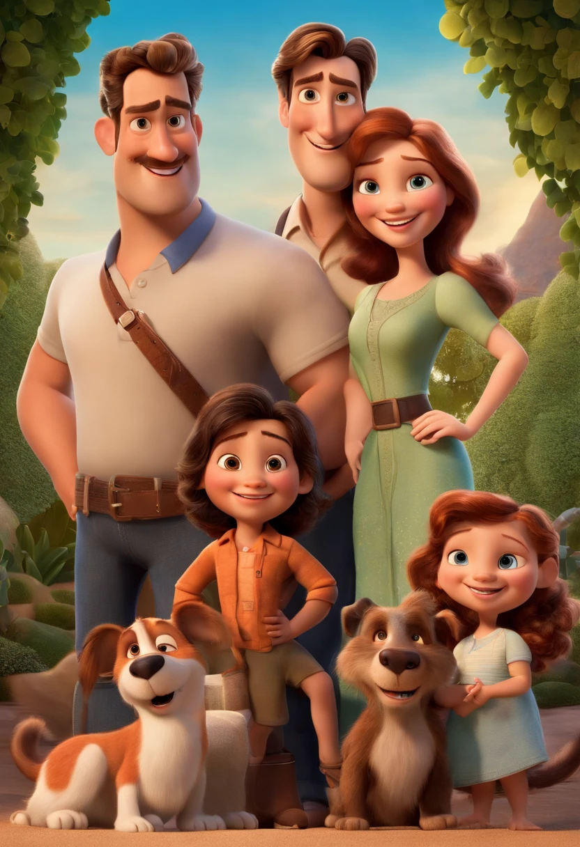 a Disney Pixar movie poster showing a white-skinned family. The father is the tallest, Tem barba curta, loiro, cabelos curtos e espinhosos. The mother has brown eyes and hair, shoulder-length and is slightly overweight. A menina tem 4 anos e cabelos castanhos, roupa rosa e rabos de cavalo. The background is a beach garden. 3D-rendering