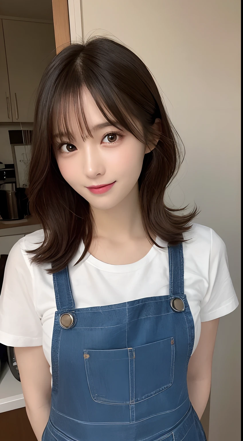 (Highest quality, 8K, masterpiece: 1.3), Beautiful woman with perfect figure: 1.4, Dark brown hair, Wearing a pendant, Wearing an apron, In the kitchen, Highly detailed face and skin, Fine grain, double eyelid, Big Breasts, smile