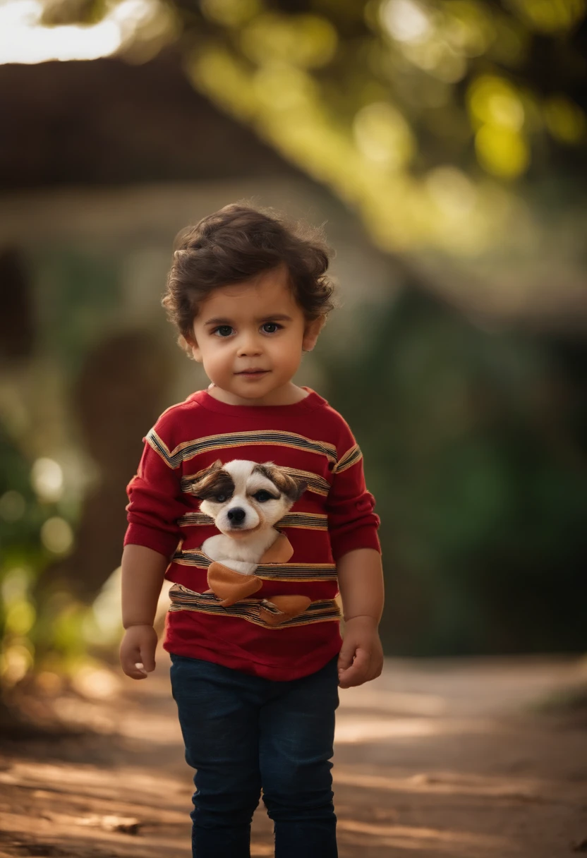 menino: Miguel, aproximadamente 5 anos de idade, cabelo curto estilo Disney, olhos castanhos e sorrisos. garota: Giovana, 2 anos, longos cabelos pretos e olhos azuis. scenecy: Miguel and Giovana are in a cozy little house in the valley, ao fundo um dia ensolarado, Destacando o Sol.