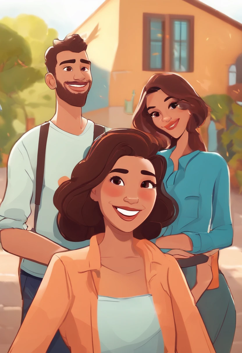 An illustration of an adorable couple, Highlight for a chubby mulatto man with smiling and a white woman with beautiful expressive eyes - the man's skin is mulatto and the man's hair short and black, while the woman's skin is white and the woman's hair is straight and brown. They are a bright room, cada um com um sorriso no rosto, e compartilhar um momento especial caracterizado pelo amor, Insights. Homem usando camiseta preta e corrente fina. Mulher usando regata preta e piercing no nariz. Illustrate this scene from a perspective where they are facing the camera, Smiling and Showing Your Connection. Desenvolva esta arte em Full HD, Focus on your cinematic touch, Estilo Disney Pixar Animations