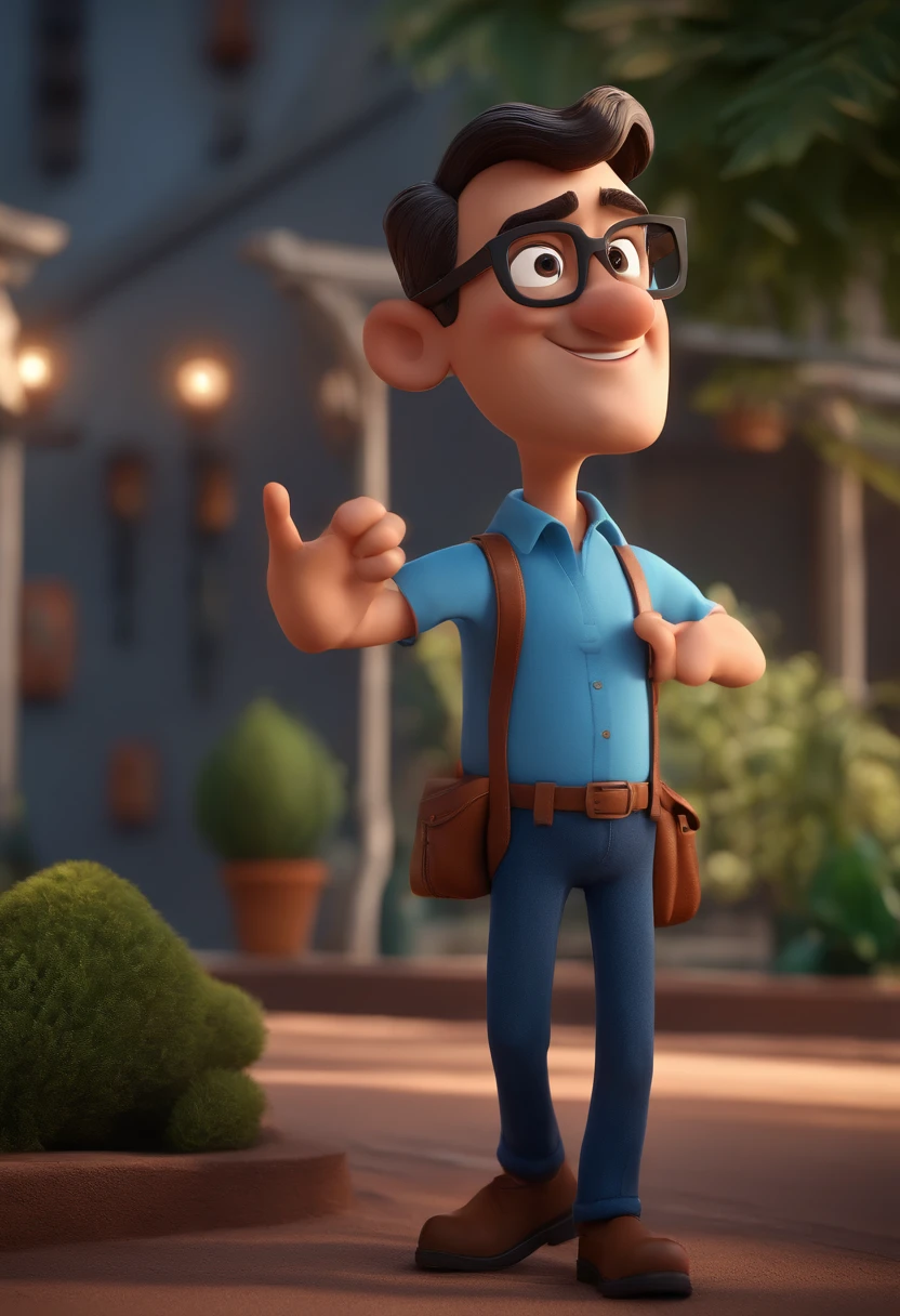 Cartoon character of a man with black glasses and a blue shirt, animation character, Caractere estilizado, animation style rendering, 3D estilizado, Arnold Maya render, 3 d render stylized, toon render keyshot, Personagem 3D, Personagem 3D, 3d rendering stylized, 3 d character render, personagem de desenho animado, Personagem de close up, Pose de personagem, (Estilo Pixar) (master part:1.2) (Bokeh) (best quality) (pele detalhada) (textura detalhada) (8k) (argila) (Cinematic lighting) (foco nítido