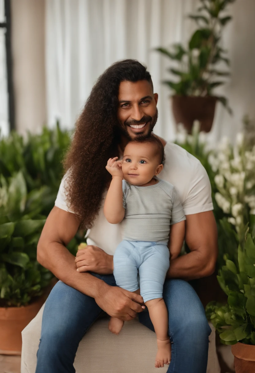 imagem de um pai chamado Marcos, Feliz, 38 anos, forte, pele branca, Cabelo preto pequeno, frontal baldness, olhos castanhos escuros; Next to him, seus filhos, Feliz, Holding hands, um filho de 5 anos com a pele branca do cabelo castanho , Short hair and on a baby's father's lap, da pele branca do cabelo pequeno e liso na cor preto de 1 ano; a esposa do cabelo comprido,cabelo com mechas loiras , pele branca , dos olhos verdes, corpo inteiro; roupas casuais no estilo 3D da Pixar