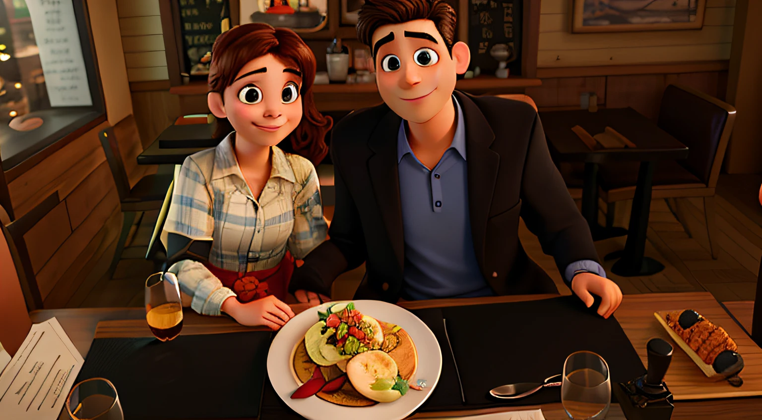 A couple in a restaurant table like disney pixar