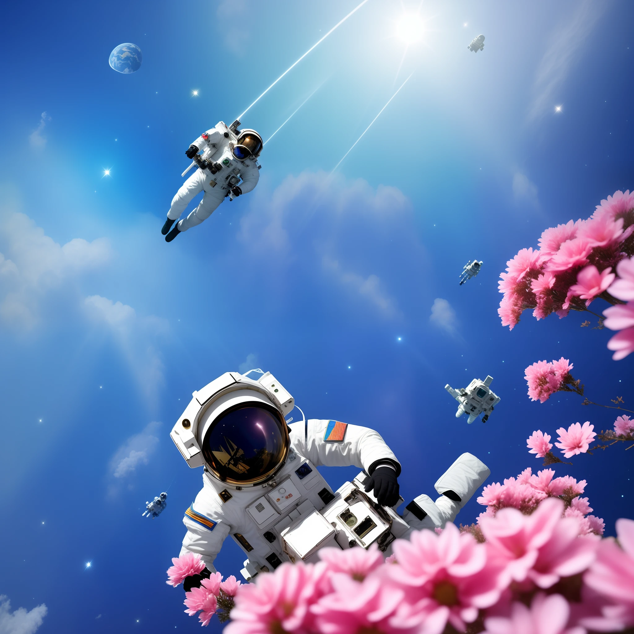 o astronauta caminha no mar de flores pontilhadas de nuvens cor-de-rosa，The astronaut who is alone，The astronaut cannot leave this planet，The astronaut is lost in space without limits.