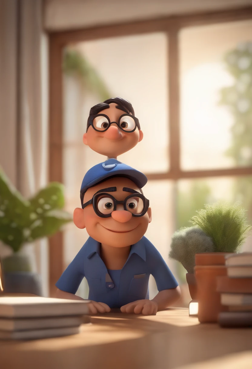 Cartoon character of a man wearing black glasses and a blue shirt, um personagem animado, Caractere estilizado, animation style rendering, 3D estilizado, Arnold Maya render, 3 d render stylized, toon render keyshot, Personagem 3D, Personagem 3D, 3d rendering stylized, 3 d character render, personagem de desenho animado, Personagem de close up, Pose de personagem, (Estilo Pixar) (master part:1.2) (Bokeh) (best quality) (pele detalhada) (textura detalhada) (8k) (argila) (Cinematic lighting) (foco nítido，Senta e vaza a parte superior do corpo