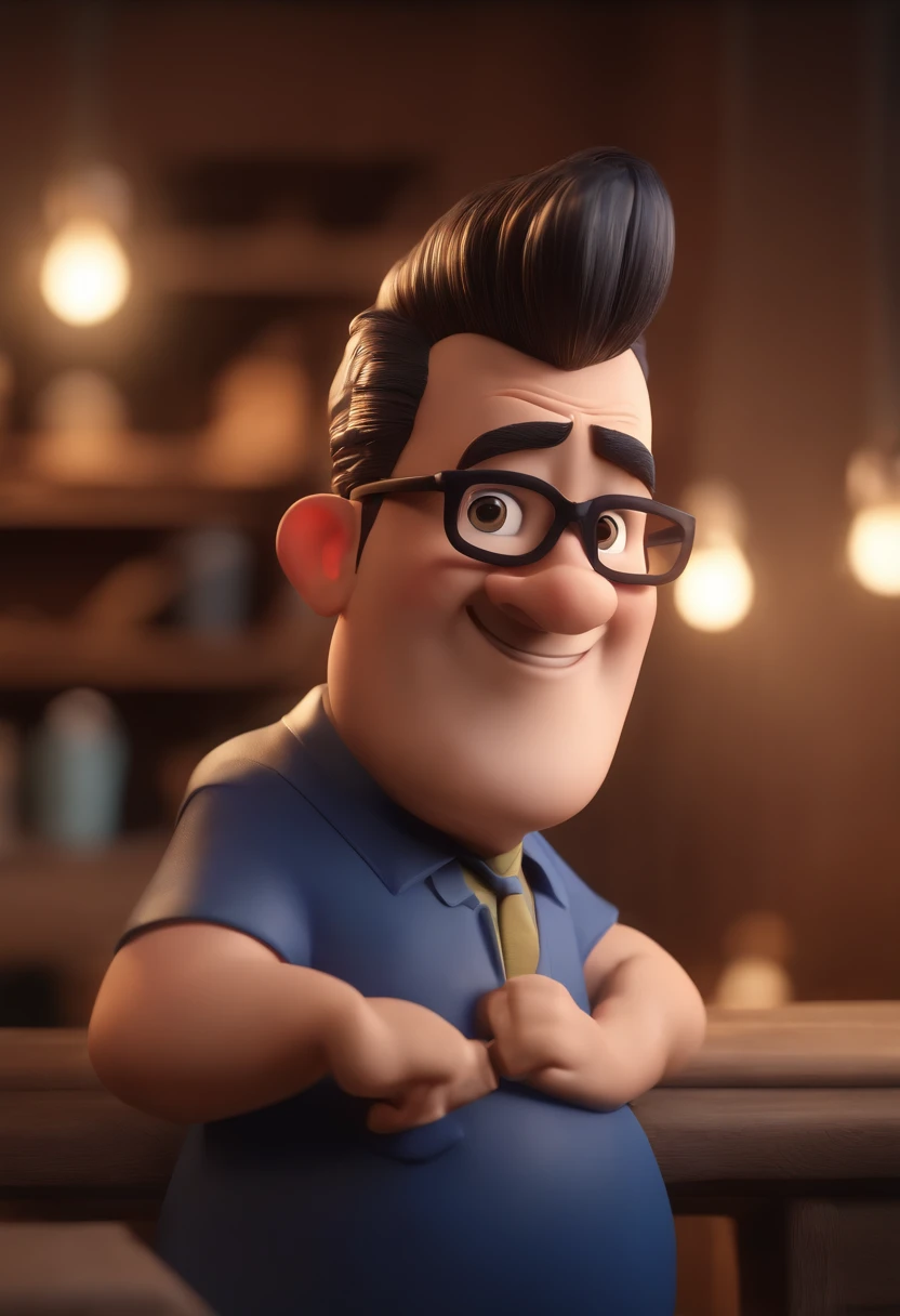 Cartoon character of a man wearing black glasses and a blue shirt, um personagem animado, Caractere estilizado, animation style rendering, 3D estilizado, Arnold Maya render, 3 d render stylized, toon render keyshot, Personagem 3D, Personagem 3D, 3d rendering stylized, 3 d character render, personagem de desenho animado, Personagem de close up, Pose de personagem, (Estilo Pixar) (master part:1.2) (Bokeh) (best quality) (pele detalhada) (textura detalhada) (8k) (argila) (Cinematic lighting) (foco nítido,Senta e vaza a parte superior do corpo