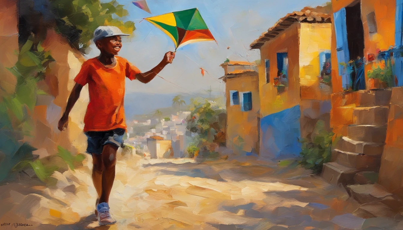 negro de periferia, with a cap and wearing adidas and nike clothes, She's happy in the favela of Rio de Janeiro flying a kite