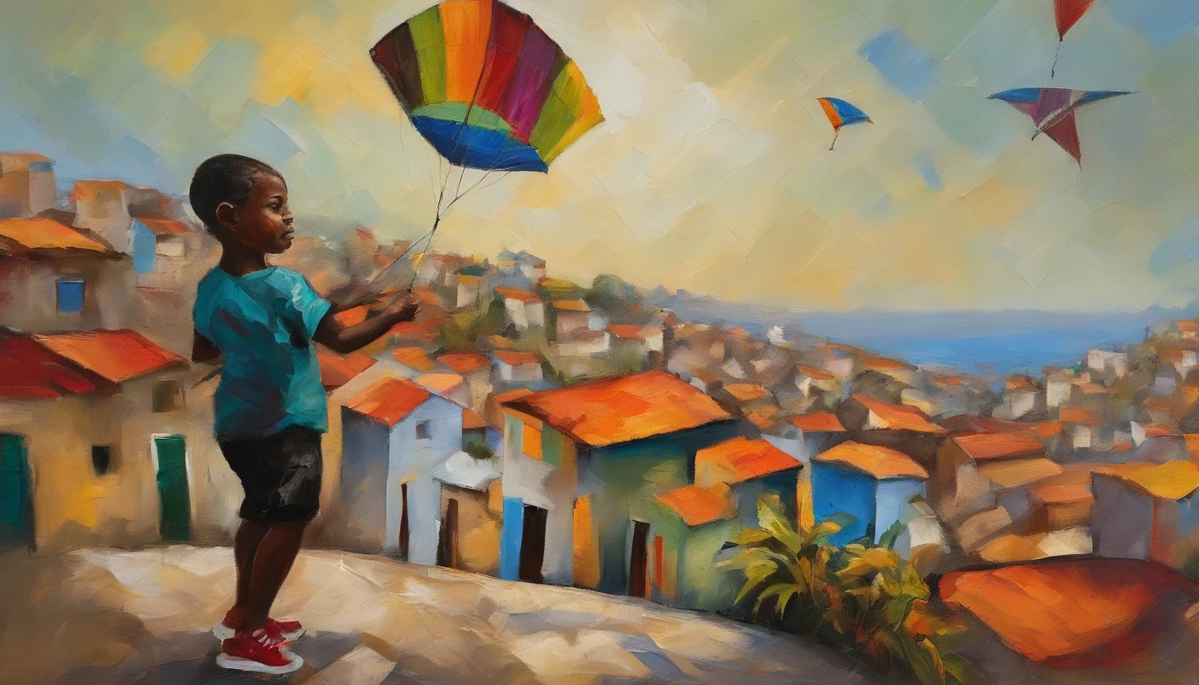 menino negro de periferia, with a cap and wearing adidas and nike clothes, She's happy in the favela of Rio de Janeiro flying a kite