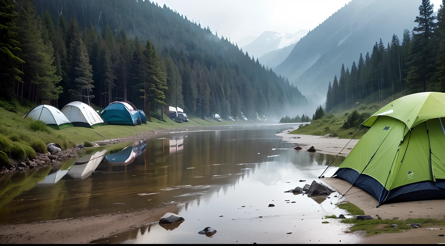 High-definition photos、Campgrounds by the river、See the whole thing、Landscape at eye level、The tent is visible、rain is falling、bad weather、Even though it's daytime, the sky is dim、A bonfire that extinguished the fire、Barbecue stove、Camping chair that gets wet in the rain、Quiet place、beautful view、No person。