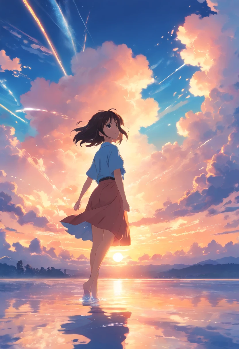 masterpiece, best quality, movie still, 1girl, cloud girl, floating in the sky, close-up, bright, happy, warm soft lighting, sunset, (sparks:0.7)