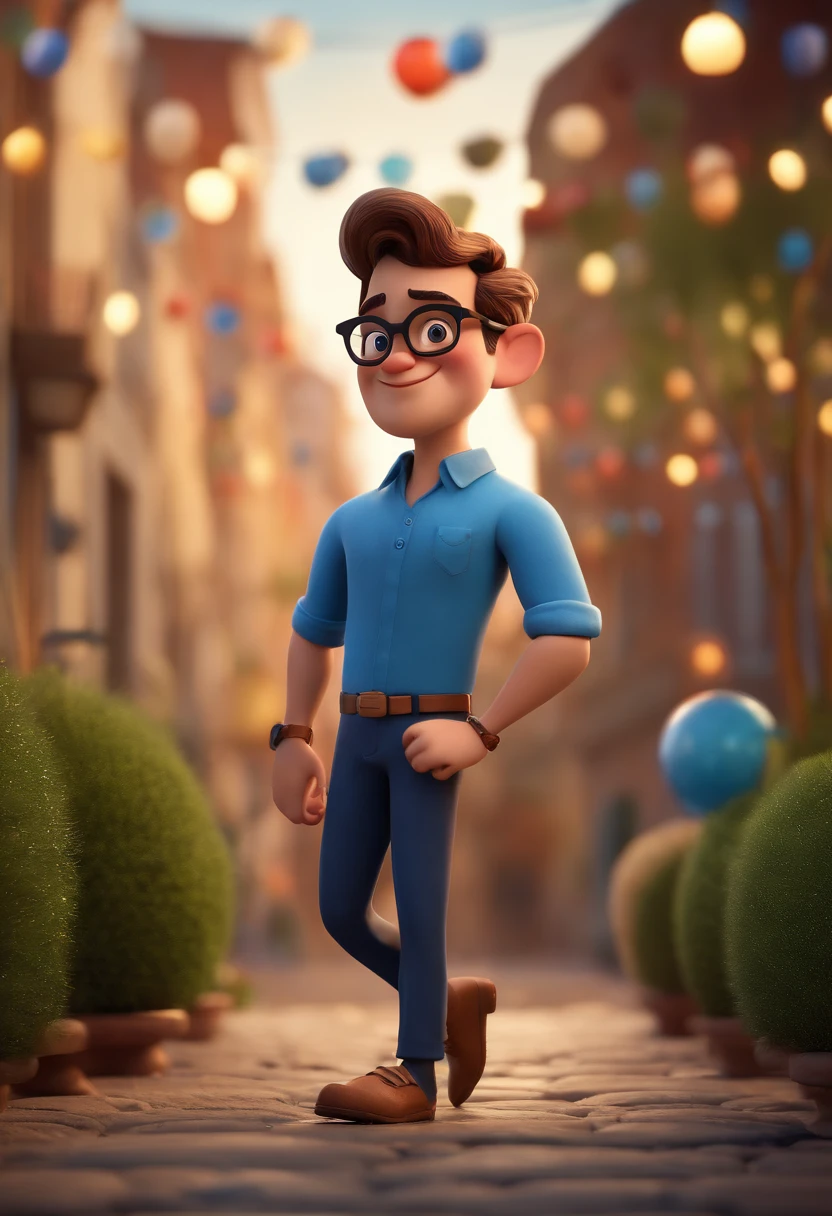 Cartoon character of a man with black glasses and a blue shirt, animation character, Caractere estilizado, animation style rendering, 3D estilizado, Arnold Maya render, 3 d render stylized, toon render keyshot, Personagem 3D, Personagem 3D, 3d rendering stylized, 3 d character render, personagem de desenho animado, Personagem de close up, Pose de personagem, (Estilo Pixar) (master part:1.2) (Bokeh) (best quality) (pele detalhada) (textura detalhada) (8k) (argila) (Cinematic lighting) (foco nítido