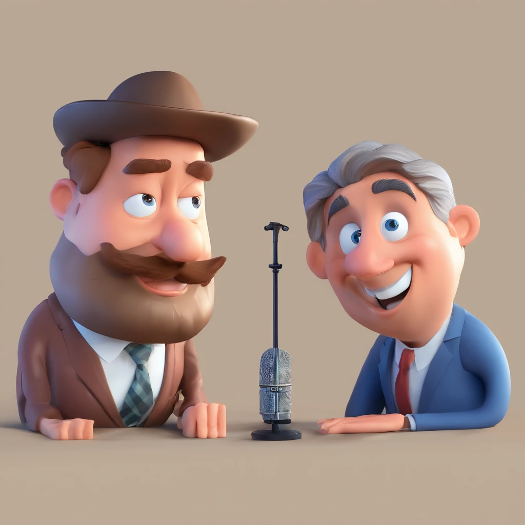 Crie um cartaz inspirado na Disney Pixar com duas pessoas conversando, Being a tall man with a beard and a short, angry lawyer in an office