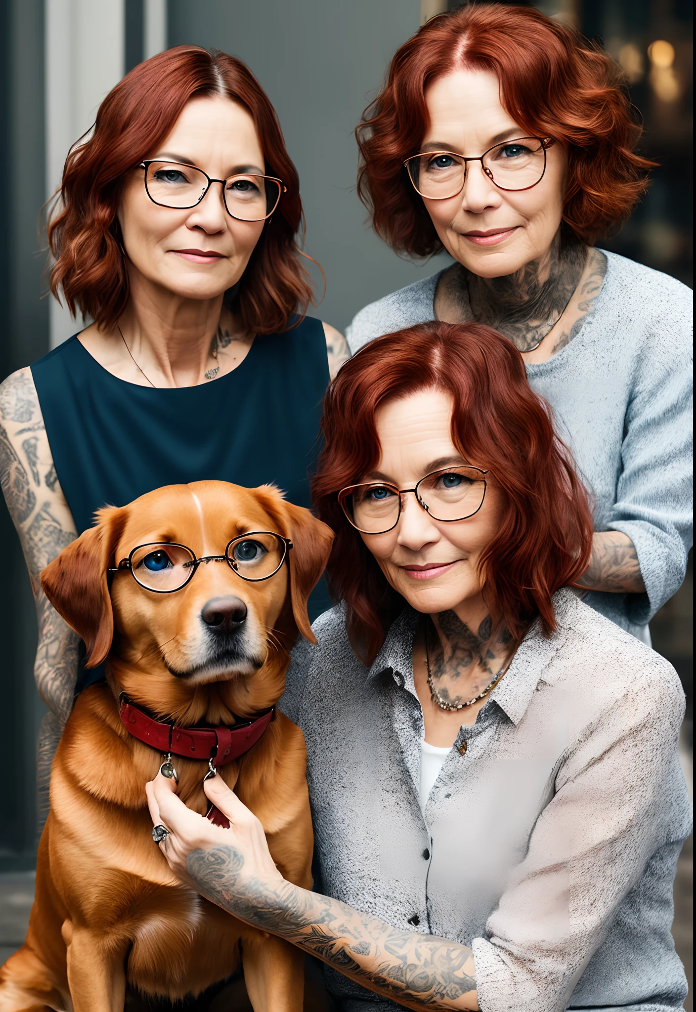 White woman, 50 years old, light, wavy, shoulder-length red hair, light brown eyes with thin glasses with tattoos, together with a dog of the breed Pincher, caramel color
