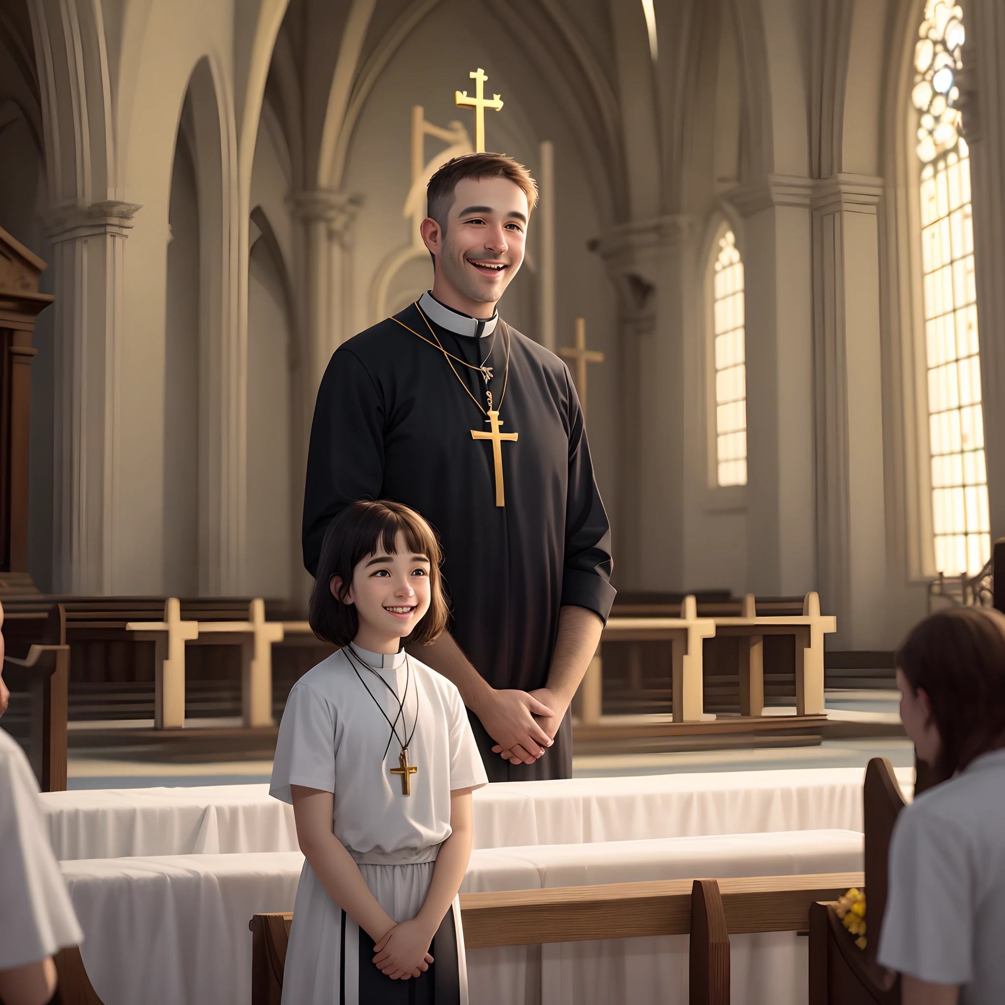 Desenhe um padre, sem cabelo, sorriso amiga em no altar da igreja