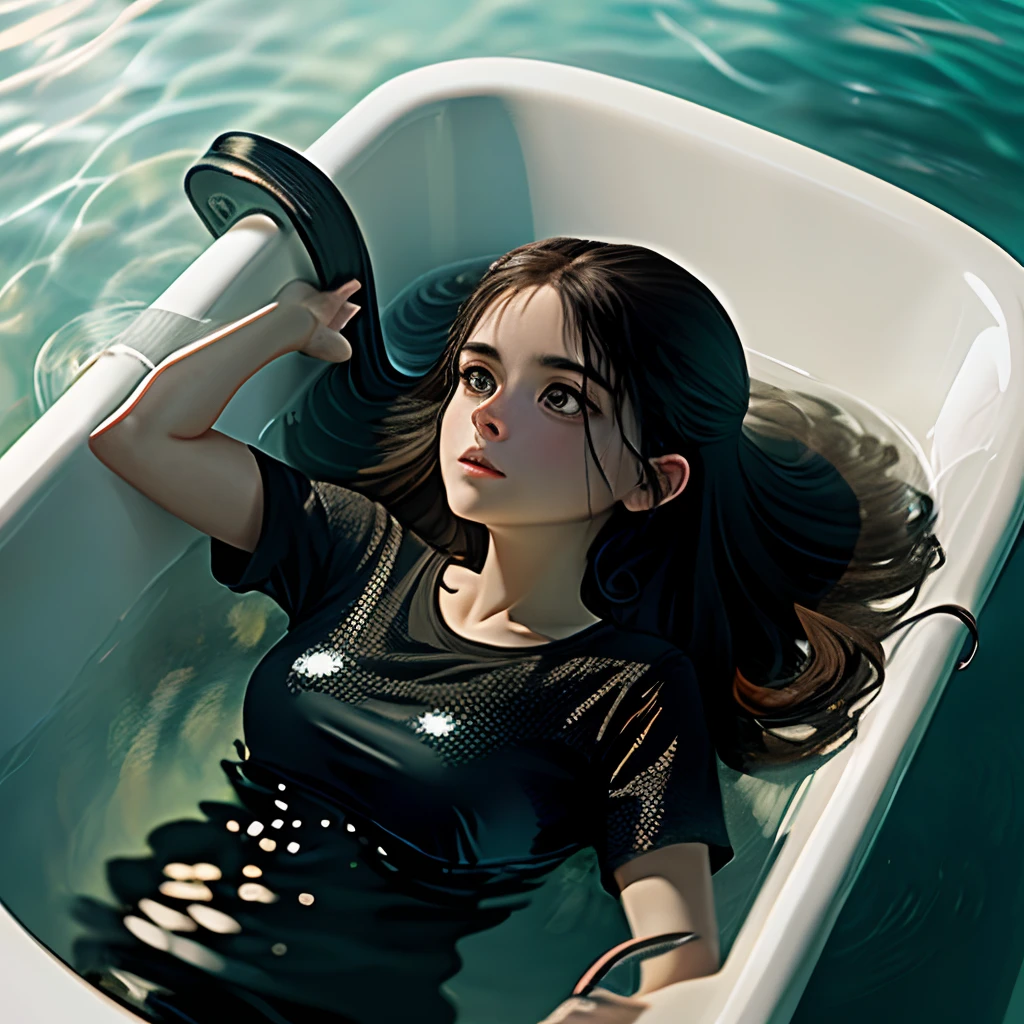 Woman in black t-shirt lying floating underwater in bathtub