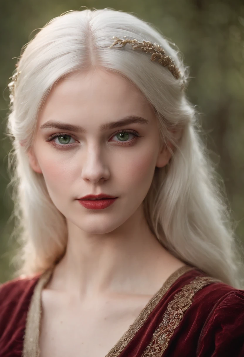(((a deep reddish wound crosses her left cheek))) fair complexion, woman around 19 years old, natural white hair, distinctive green eyes, wearing kohl, slender and graceful, beautiful, candlelight in a medieval setting, ultra sharp focus, realistic shot, medieval female clothes, tetradic colors (scar:1.4)