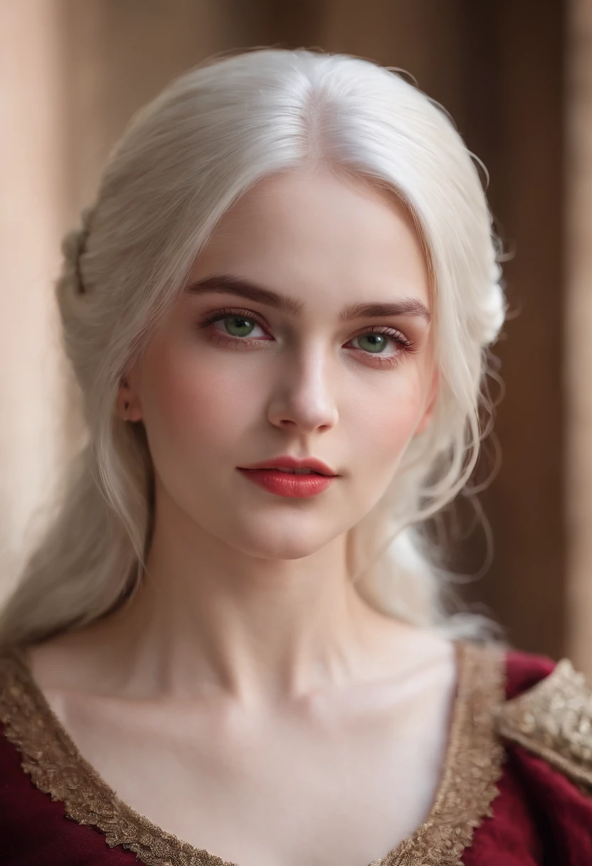 (((a deep reddish wound crosses her left cheek))) fair complexion, woman around 19 years old, natural white hair, distinctive green eyes, wearing kohl, slender and graceful, beautiful, candlelight in a medieval setting, ultra sharp focus, realistic shot, medieval female clothes, tetradic colors (scar:1.4)