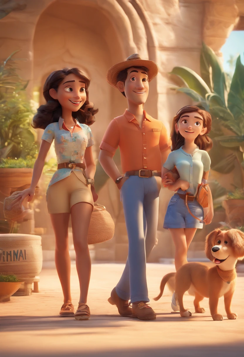 Cartoon of friends having fun on vacation together,  3D Animation Movie Poster, Poster de filme animado, pixar 3 d animation style, pixar renderman rendering, maia 8 mil, animated film, Disney Pixar Estilo 3D, amigos felizes saem juntos, all wearing light blue shirts and cream brown long pants, camisa azul clara, cream brown pants, ao ar livre, vacation, Disney Pixar Animation Poster